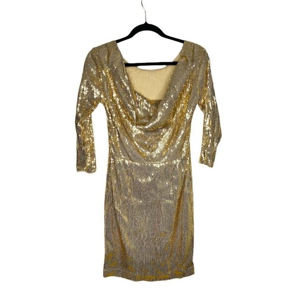 La Perla Dress Size 44 Large Women's 3/4 Sleeve Gold Sequin Open Back Mini Dress - Picture 2 of 6